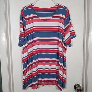 Denim & Co. Women's 1X Striped Tunic Top Short Sleeve Casual Red Blue Coral